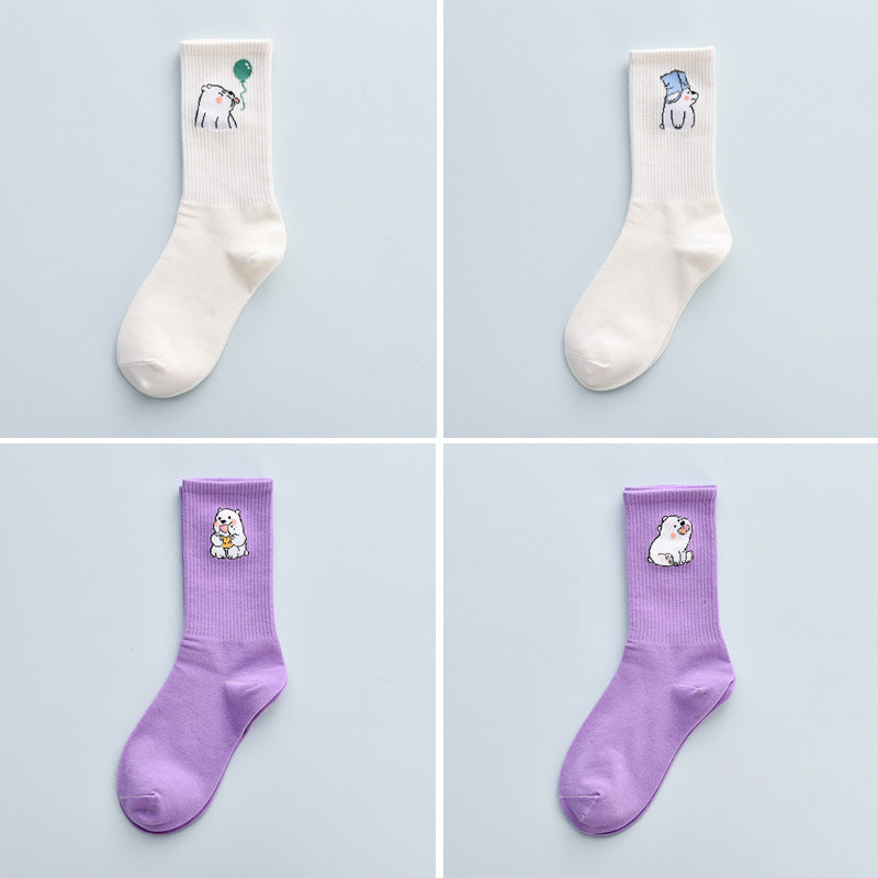 Stevvex 4-pack crew socks mid-calf cotton in white and purple with kawaii animal embroidery on Tampa Home & Garden Store