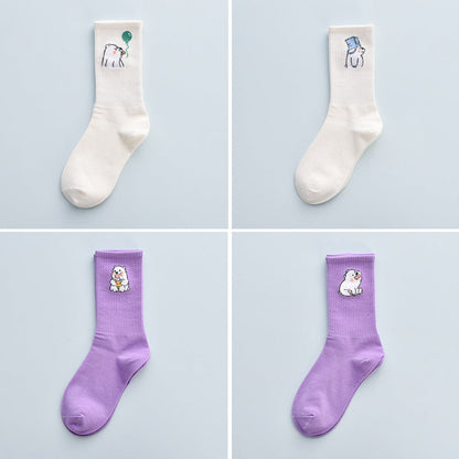 Stevvex 4-pack crew socks mid-calf cotton in white and purple with kawaii animal embroidery on Tampa Home & Garden Store