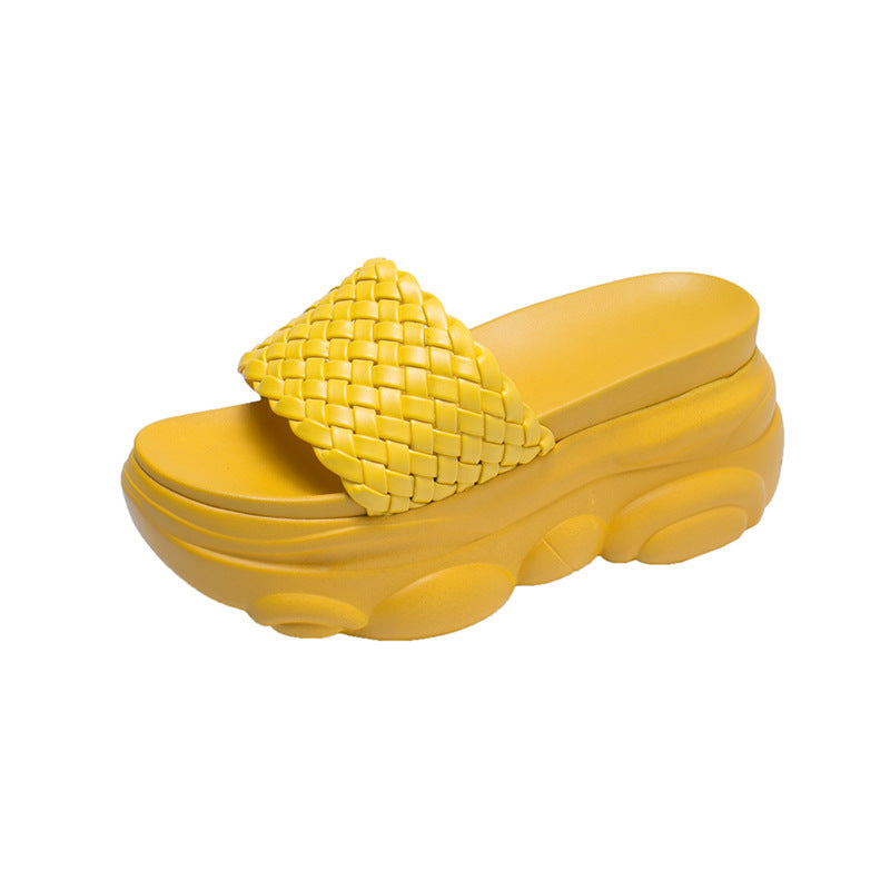 Stevvex yellow woven-strap platform sandals with open toe, lightweight leather-look slide on Tampa Home & Garden Store