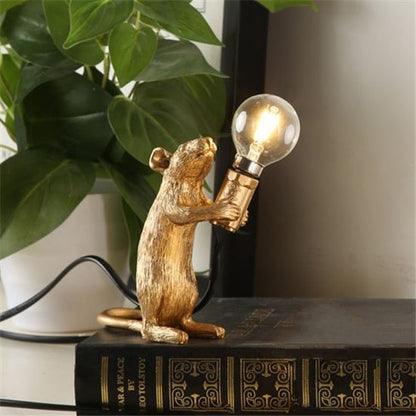 Stevvex resin mouse lamp, gold mouse holding a bulb LED night light for desk decor on Tampa Home & Garden Store