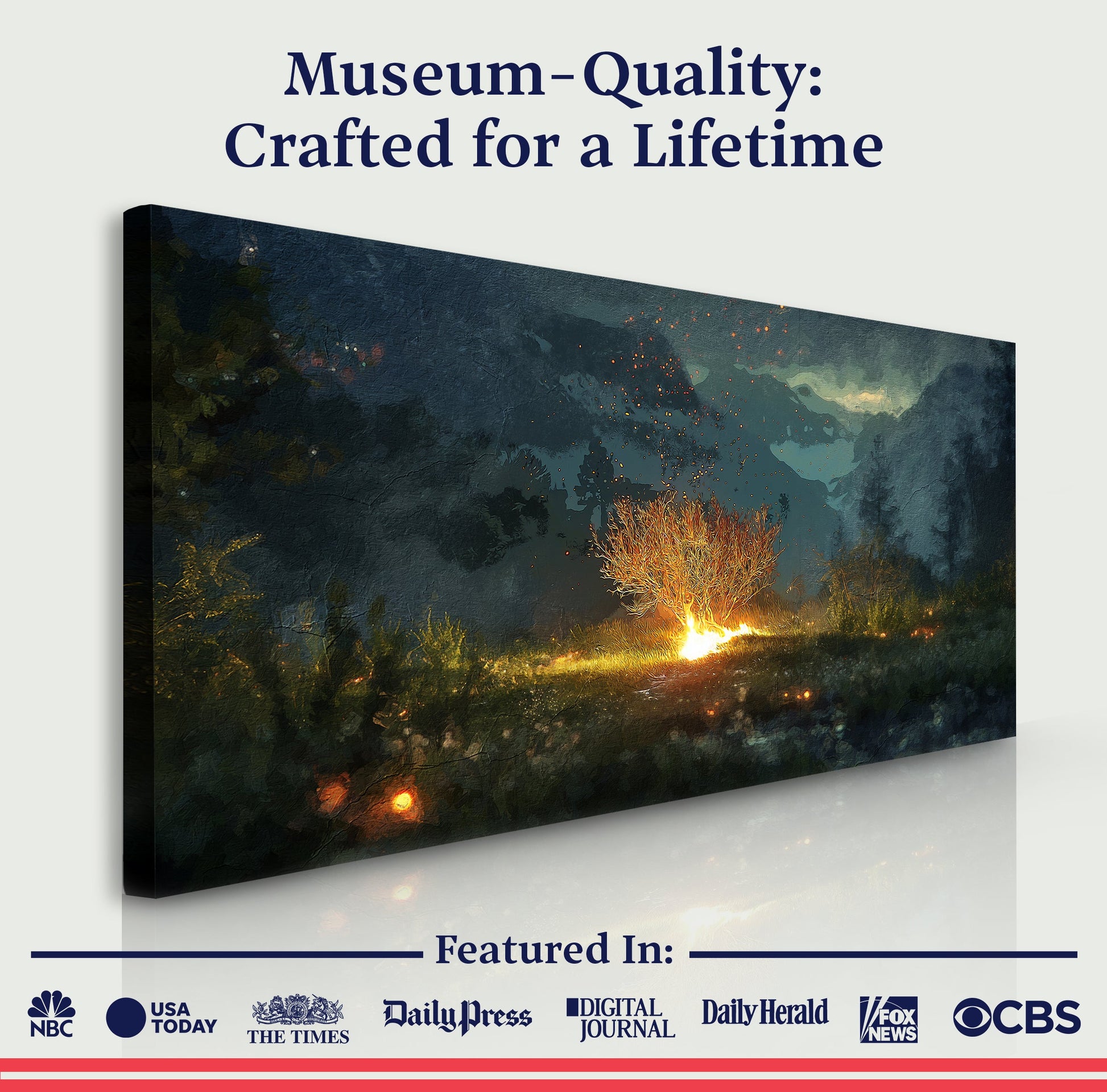 Holy Ground Faith Wall Art canvas by Tailored Canvases with glowing campfire in a dark forest on Tampa Home & Garden Store