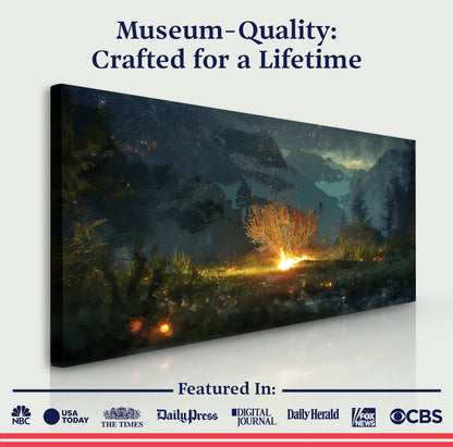 Holy Ground Faith Wall Art canvas by Tailored Canvases with glowing campfire in a dark forest on Tampa Home & Garden Store