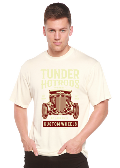 Mens ivory graphic T-shirt with Thunder Hotrods vintage car illustration by Spun Bamboo on Tampa Home & Garden Store