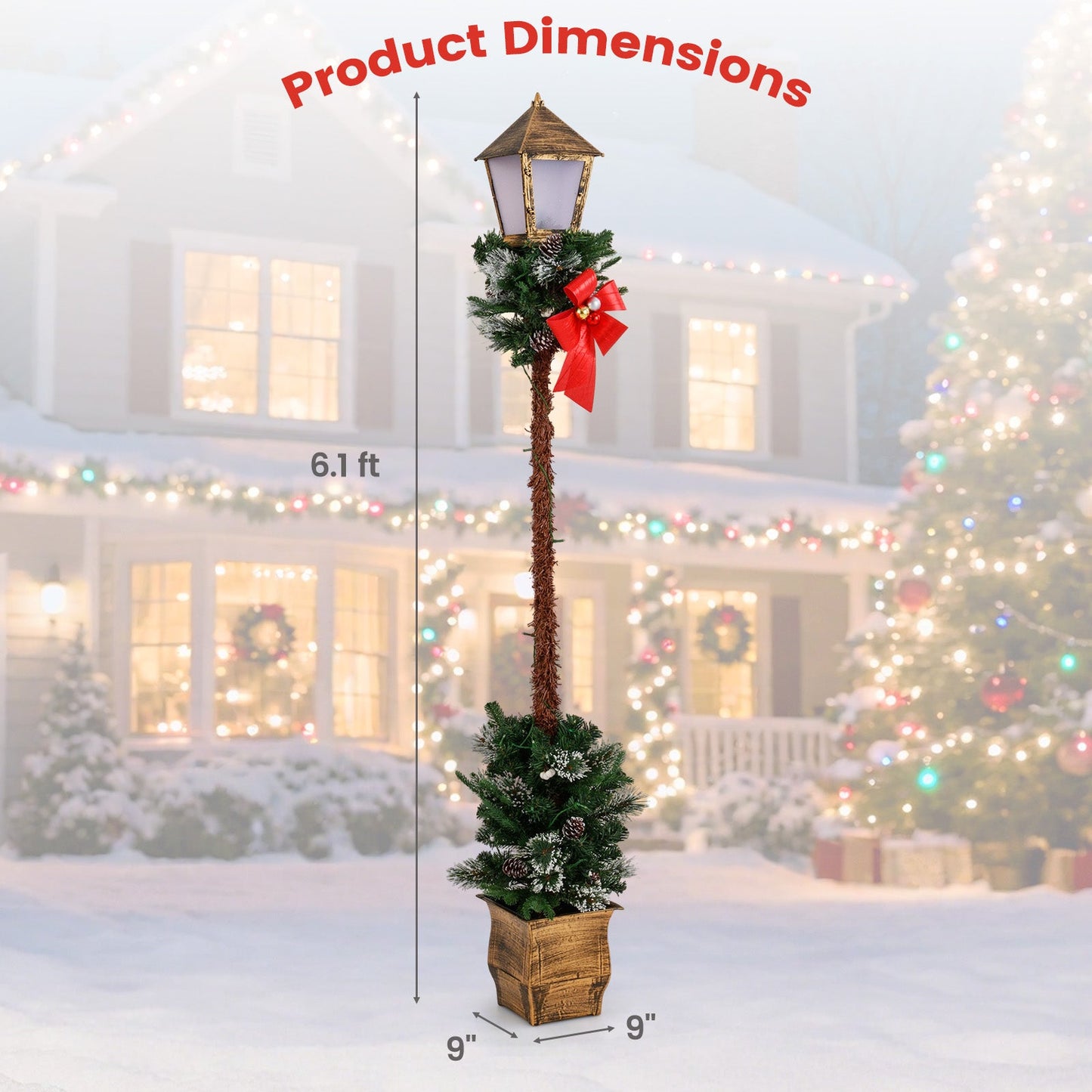 DirectDeals 6.1 ft Christmas pre-lit street lamp with greenery and snow-flocked tips, red bow on Tampa Home & Garden Store