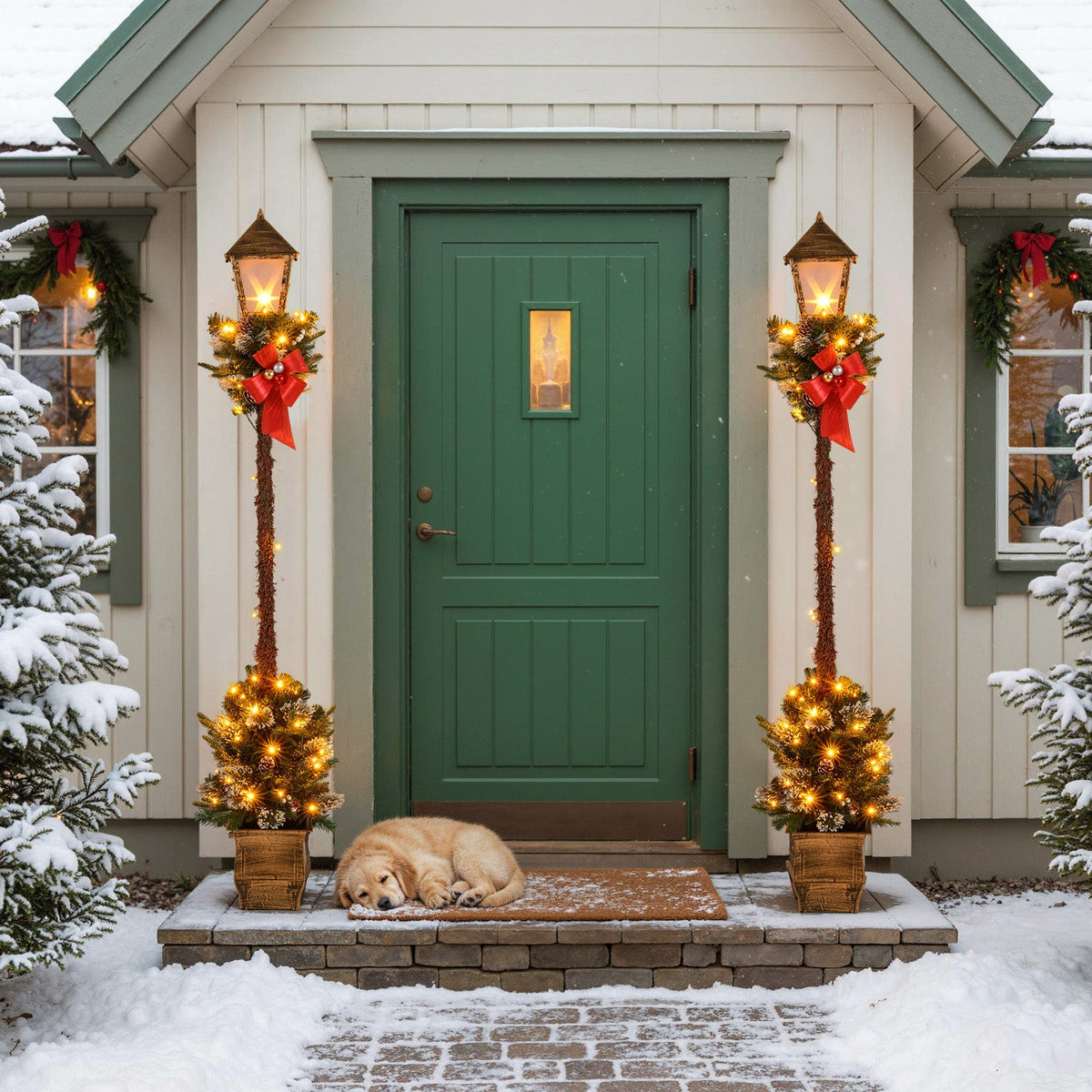 Pair of 6.1 ft Christmas pre-lit street lamps with snow-flocked tips flanking a door on Tampa Home & Garden Store