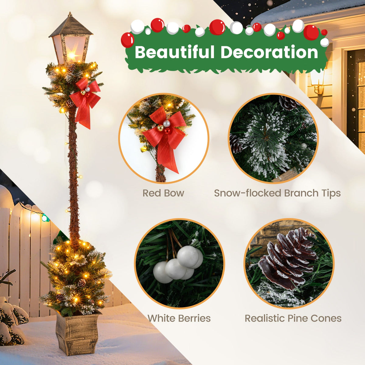 6.1ft Christmas pre-lit street lamp greenery and snow-flocked tips DirectDeals landscape lighting on Tampa Home & Garden Store