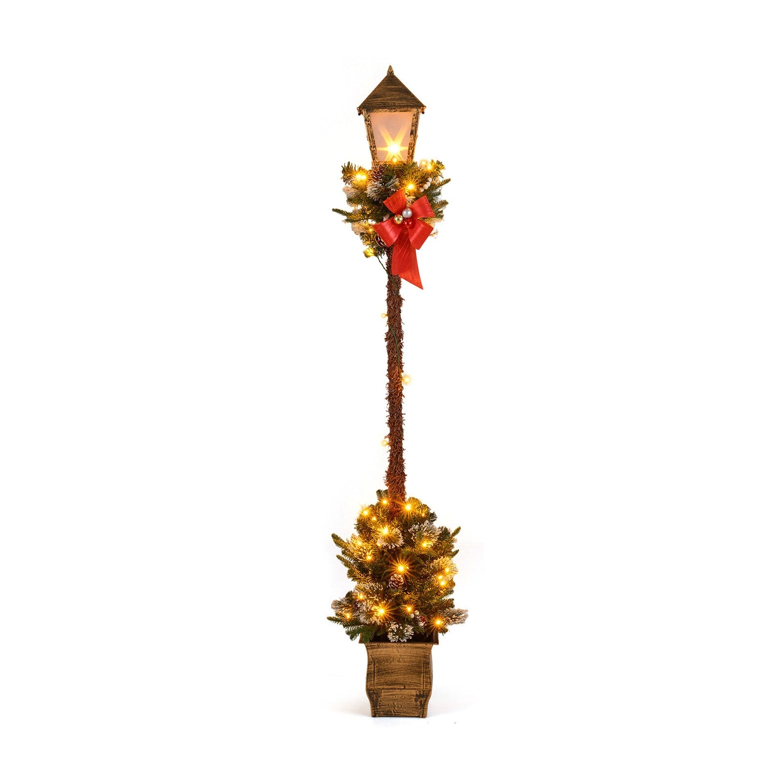 6.1 ft Christmas pre-lit street lamp with greenery and snow-flocked branches, warm lights on Tampa Home & Garden Store