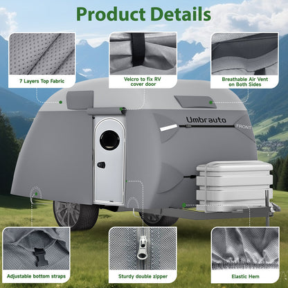 Umbrauto 7-Layer Teardrop Travel Trailer Cover in grey fabric with adjustable bottom straps on Tampa Home & Garden Store