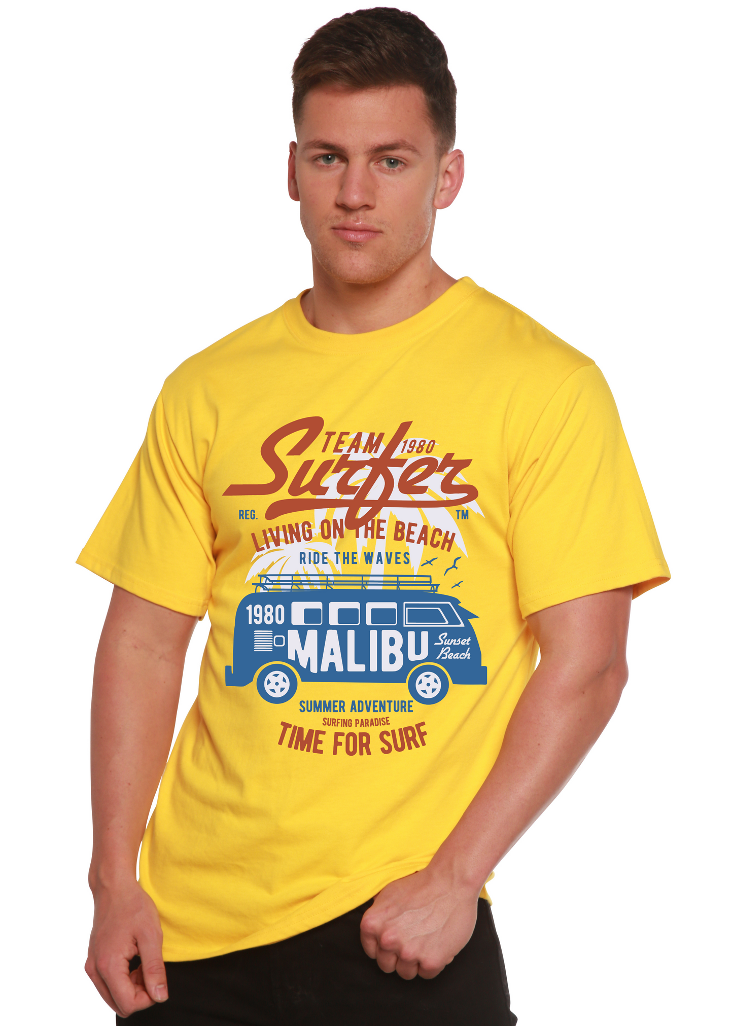 Team Surfer Spun Bamboo men's yellow short sleeve graphic tee with blue van print on Tampa Home & Garden Store