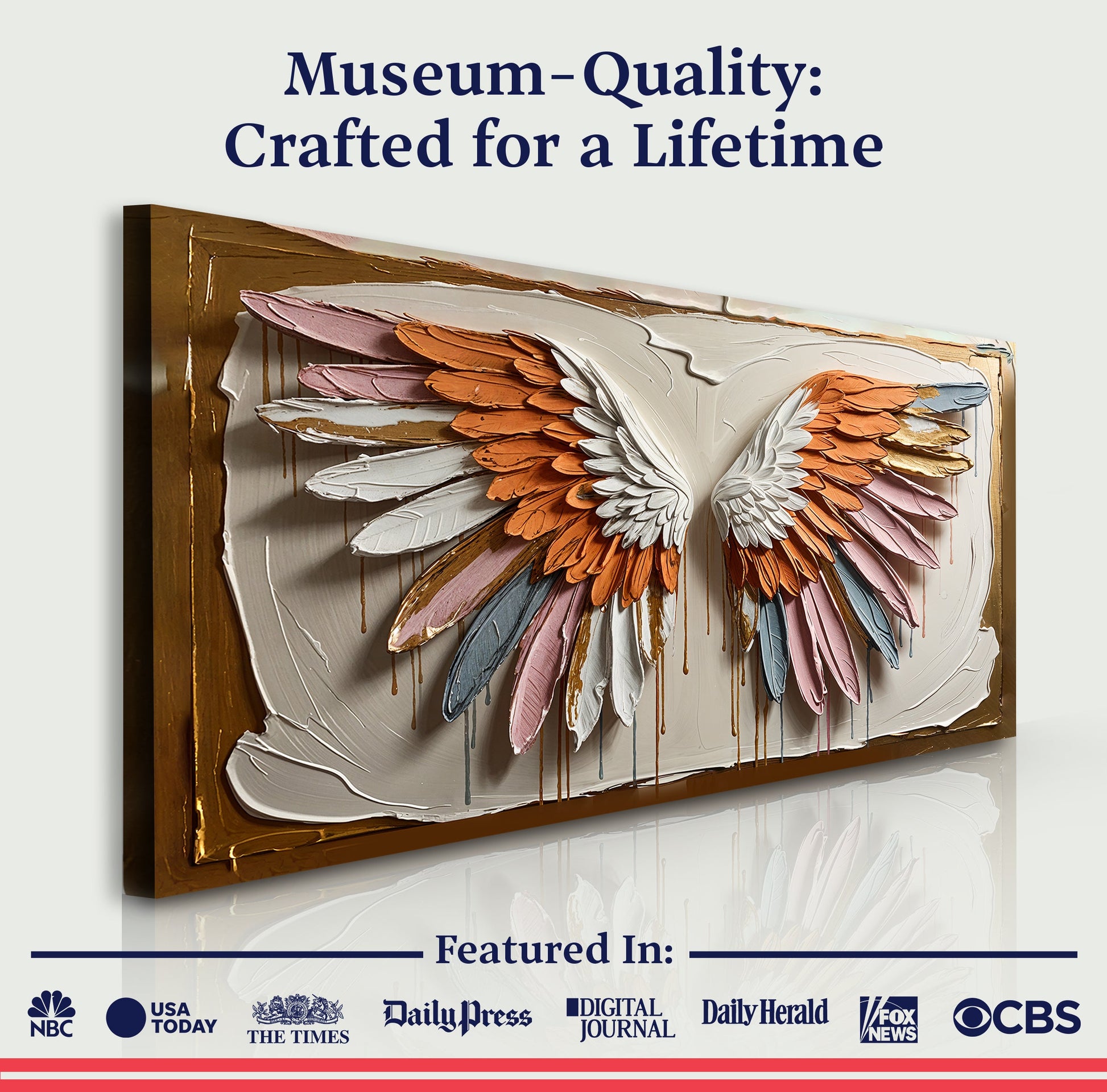 Angelic Wings Wall Art canvas with layered wings in orange pink white blue Tailored Canvases on Tampa Home & Garden Store
