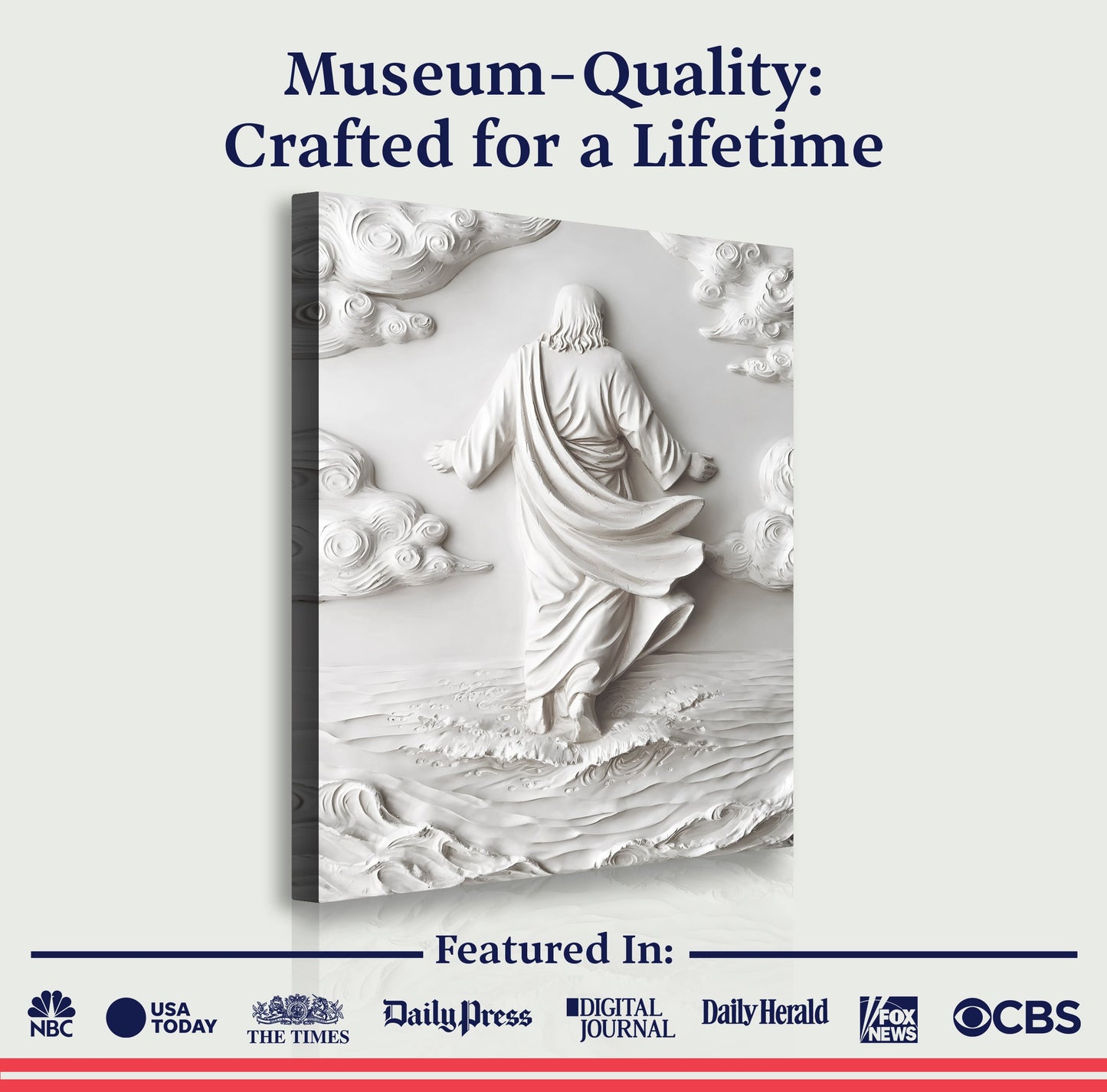 3D Minimalist Jesus Walking on Water Wall Art Canvas by Tailored Canvases, white sculpted relief on Tampa Home & Garden Store