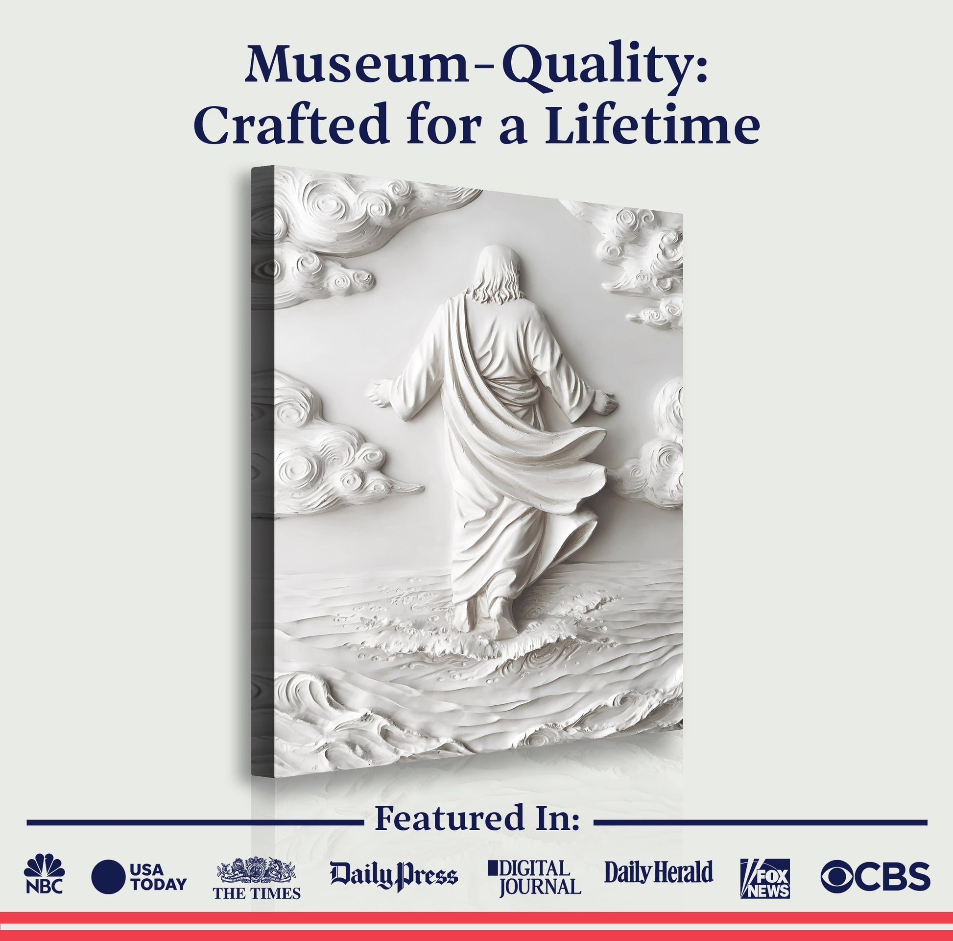 3D Minimalist Jesus Walking on Water Wall Art Canvas by Tailored Canvases, white sculpted relief on Tampa Home & Garden Store