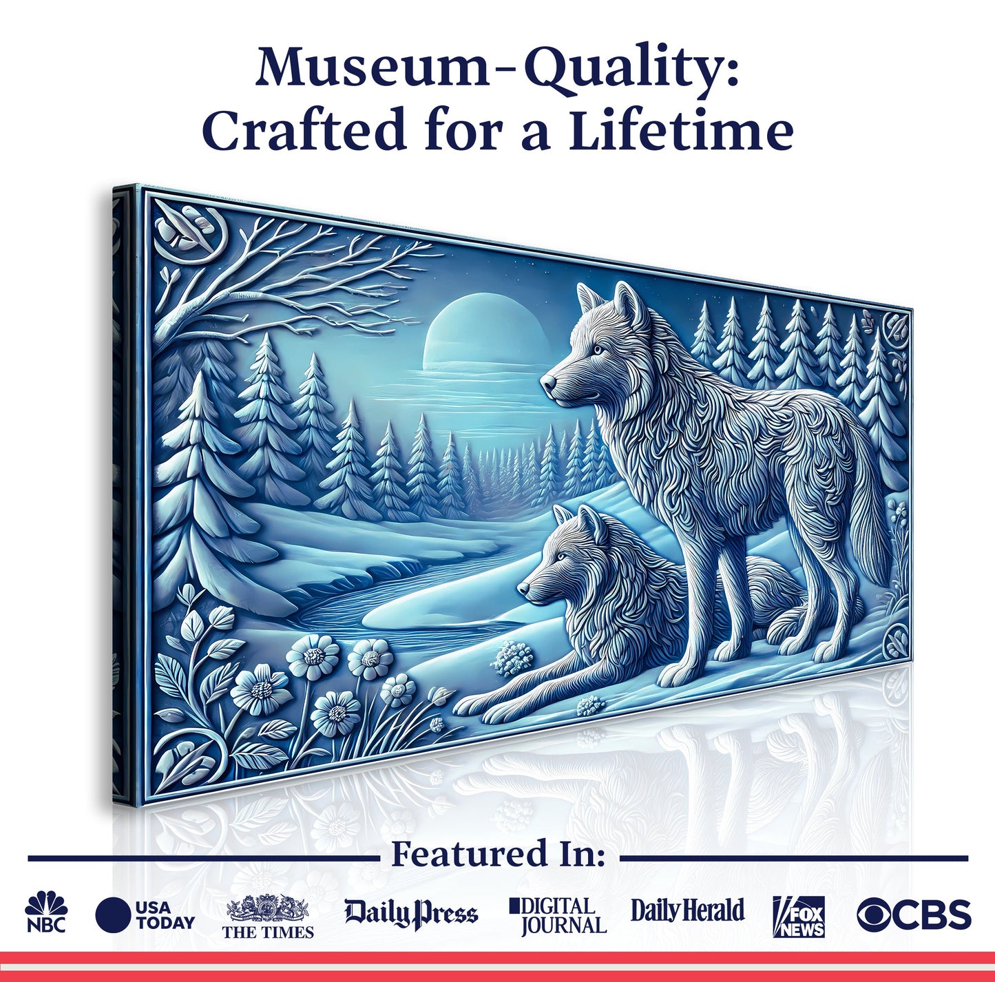 3D Wolves Wall Art VI canvas by Tailored Canvases in winter forest with howling wolves, framed on Tampa Home & Garden Store