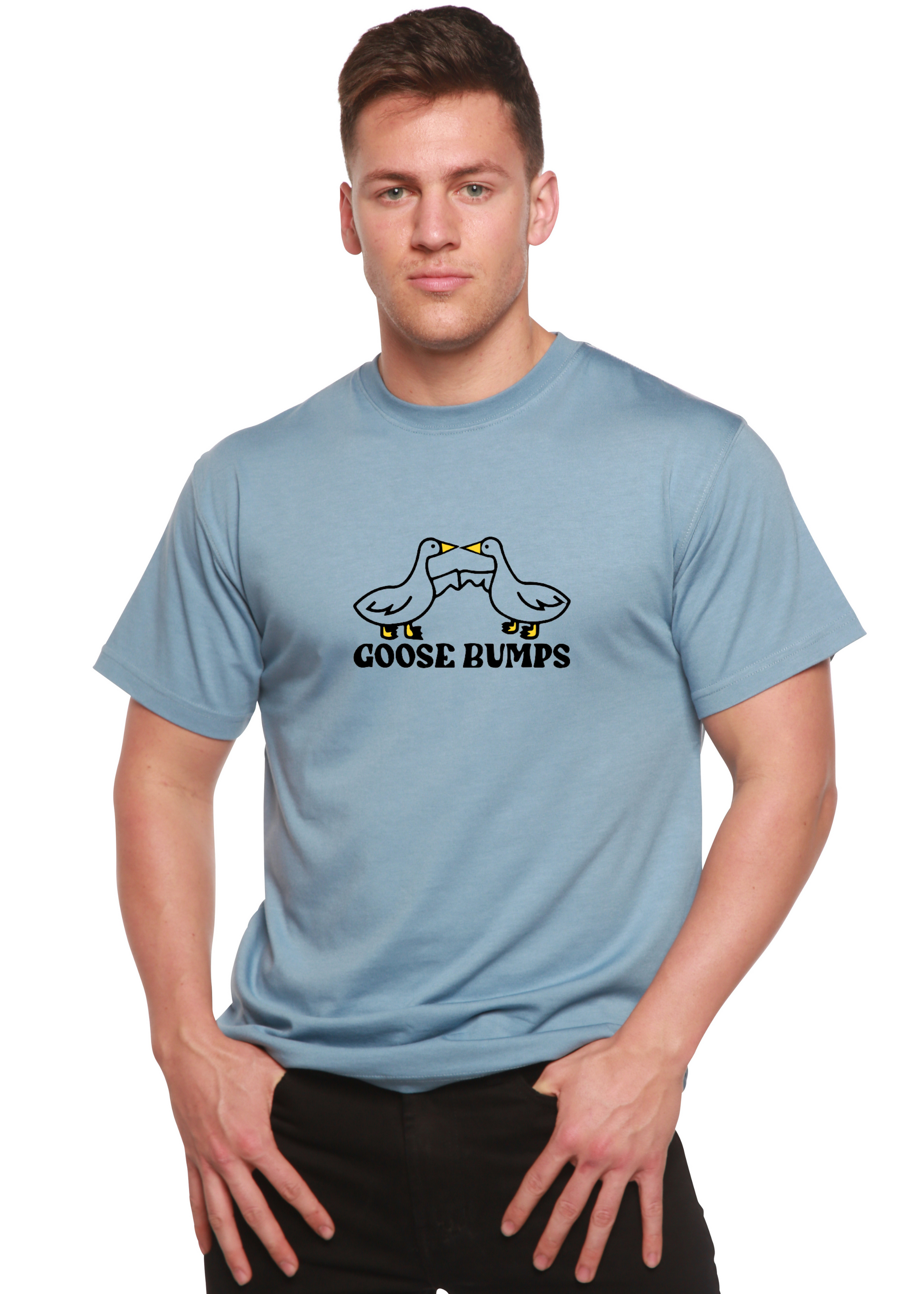 Goose Bumps men's bamboo viscose graphic tee in blue with goose logo by Spun Bamboo on Tampa Home & Garden Store