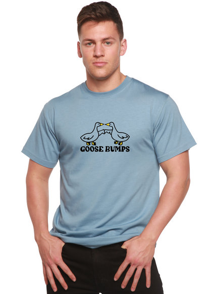Goose Bumps men's bamboo viscose graphic tee in blue with goose logo by Spun Bamboo on Tampa Home & Garden Store