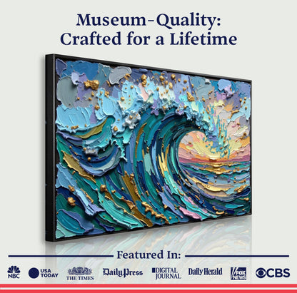 Golden Tide Wall Art canvas by Tailored Canvases; textured blues, teals, and gold accents, on Tampa Home & Garden Store