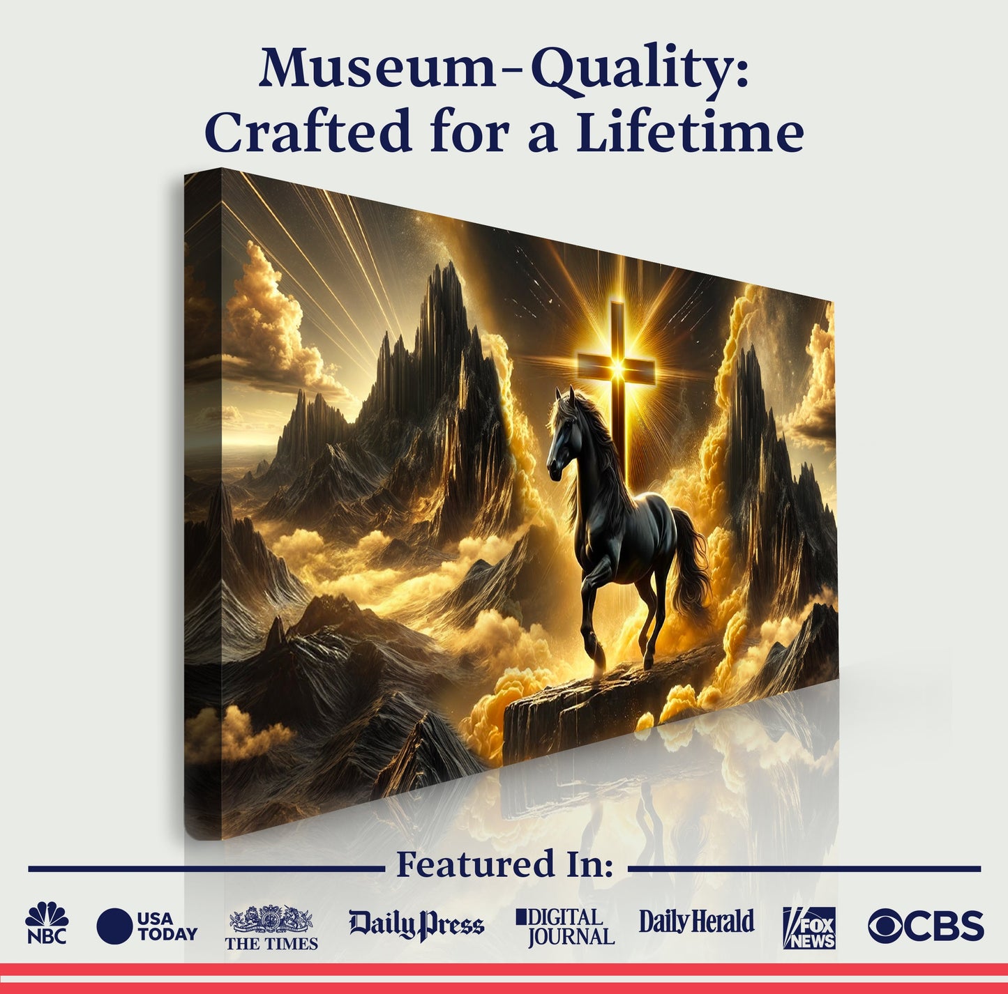 3D Horse Faith wall art canvas Tailored Canvases; 3-panel scene with galloping horse and cross on Tampa Home & Garden Store