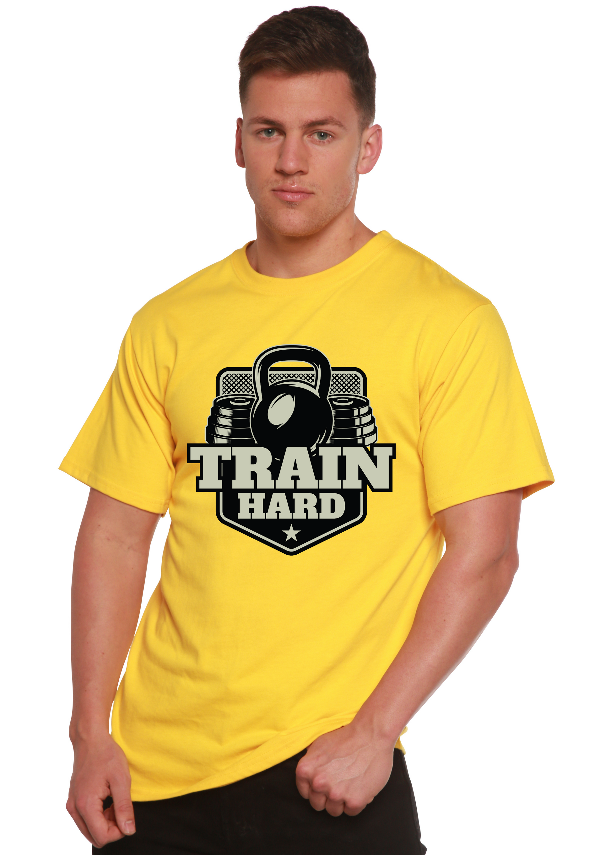 Train Hard men's yellow bamboo viscose/organic cotton graphic tee with kettlebell emblem on Tampa Home & Garden Store