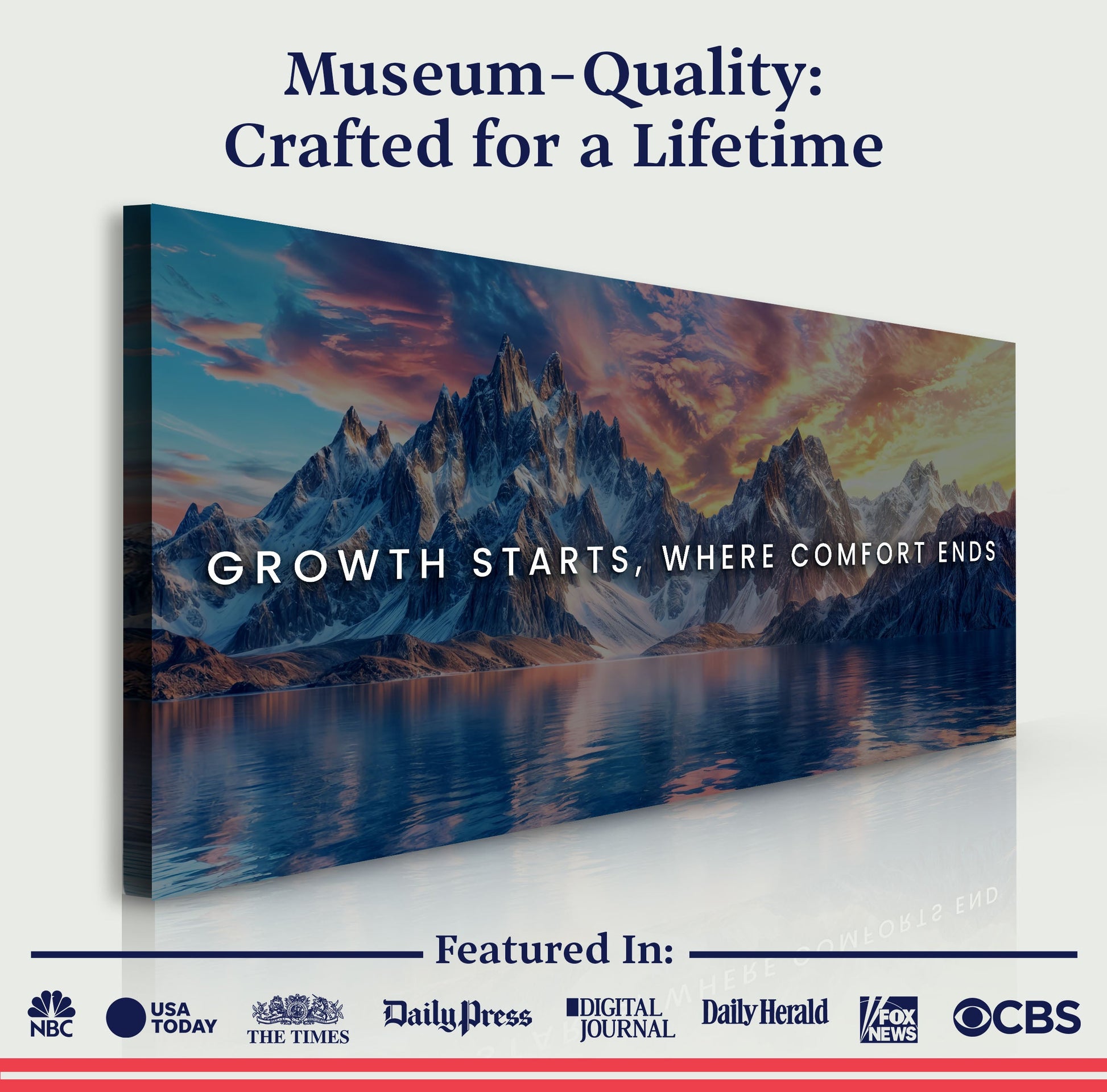 Growth Starts Where Comfort Ends motivational canvas wall sign with mountain landscape on Tampa Home & Garden Store