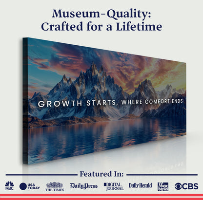 Growth Starts Where Comfort Ends motivational canvas wall sign with mountain landscape on Tampa Home & Garden Store