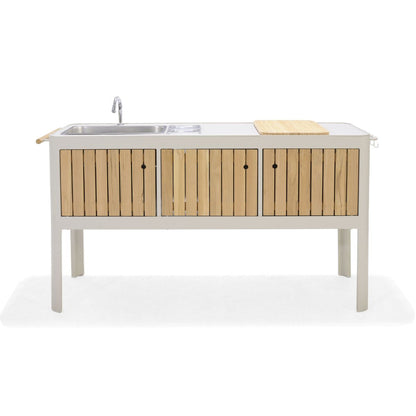 Portals Light Outdoor Kitchen white frame with sink and faucet and wood slat doors on Tampa Home & Garden Store