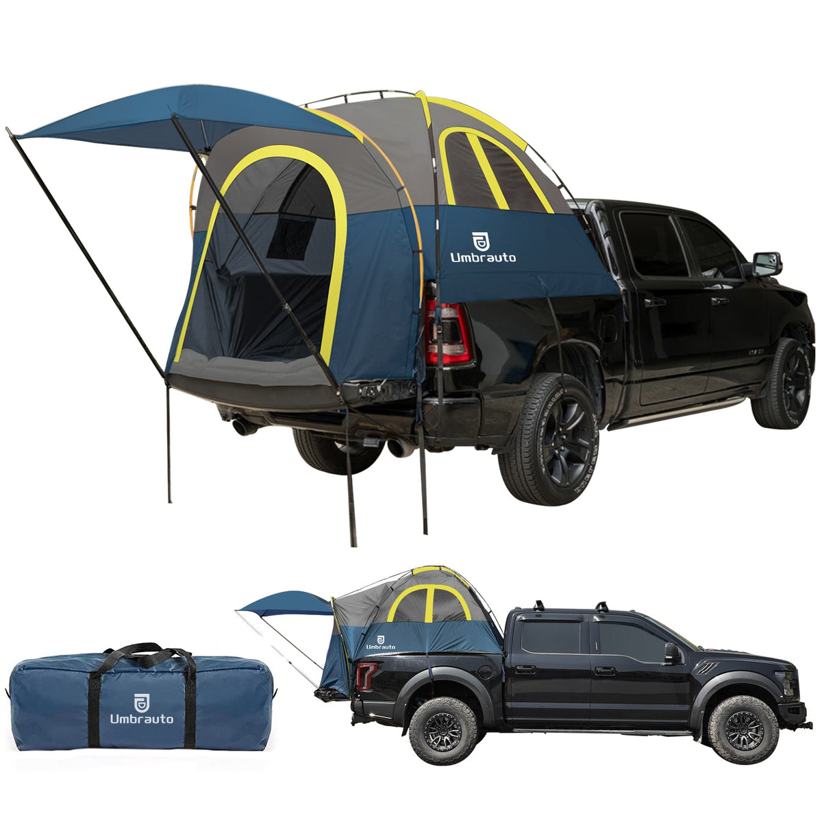 Umbrauto truck bed tent with awning for 5.5–5.8 ft beds; blue/gray with yellow accents on Tampa Home & Garden Store