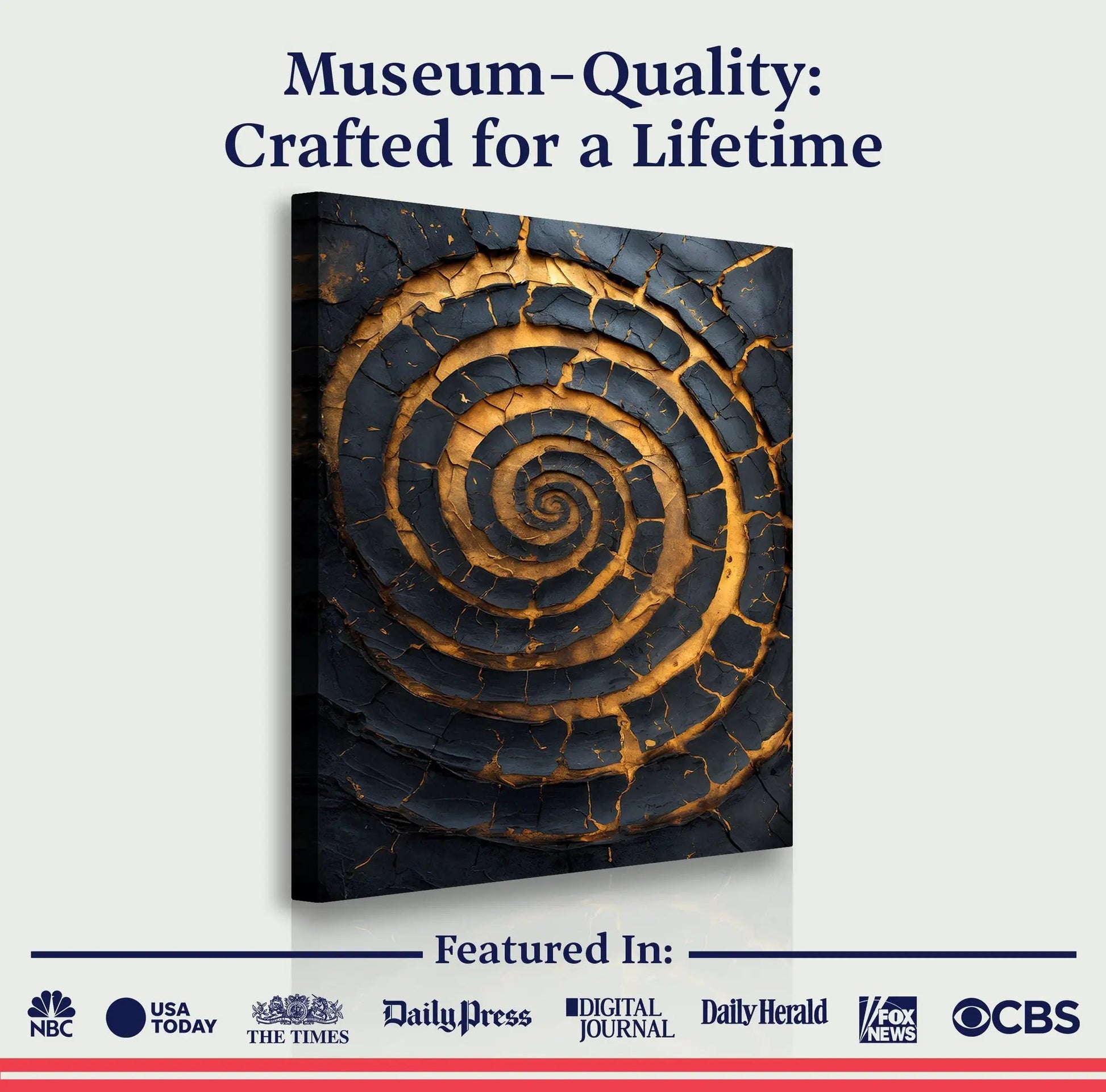 Black and Gold Spiral Wall Art canvas by Tailored Canvases with cracked gold spiral on navy on Tampa Home & Garden Store