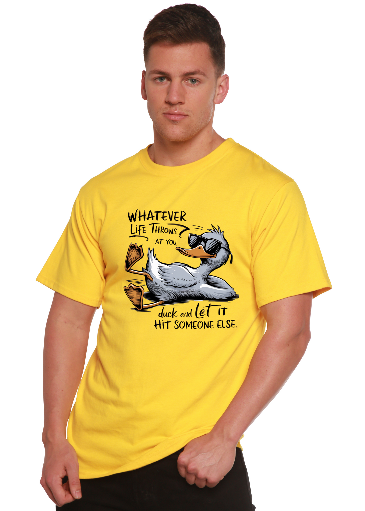 Whatever Life Throws at You unisex bamboo/cotton T-shirt yellow duck wearing sunglasses on Tampa Home & Garden Store