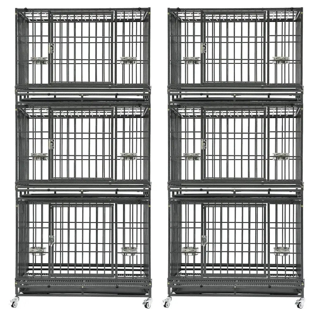 37 Inch Stackable Heavy Duty Dog Crate system in black metal with six crates on wheels on Tampa Home & Garden Store