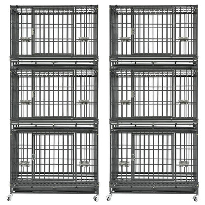 37 Inch Stackable Heavy Duty Dog Crate system in black metal with six crates on wheels on Tampa Home & Garden Store