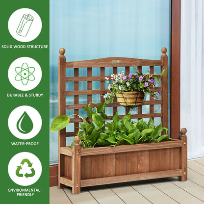 Wood planter box with trellis in brown wood outdoor planter by LJGDeals with basket on Tampa Home & Garden Store