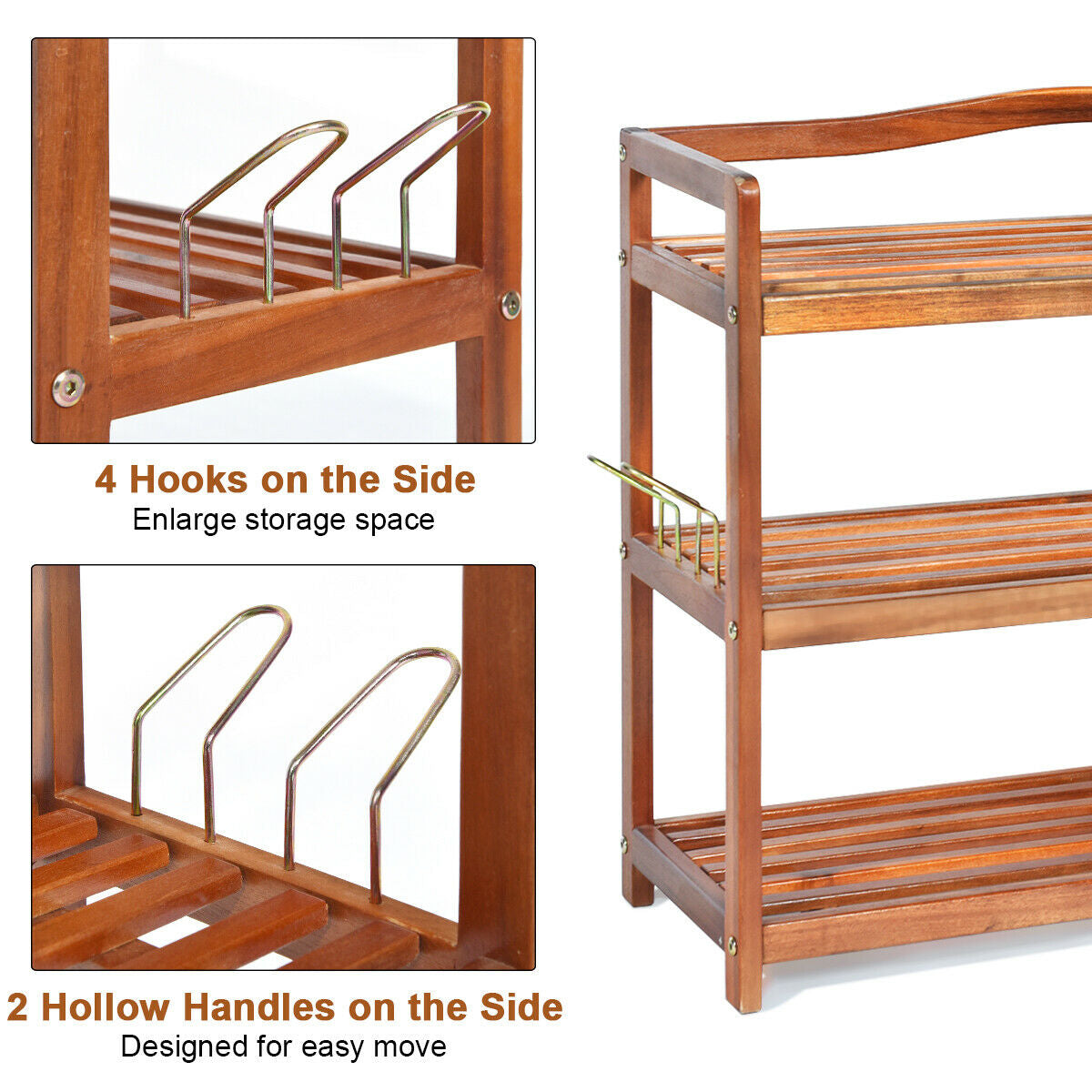 2-Tier Acacia Wood Shoe Rack with 4 Side Metal Hooks, brown finish by DirectDeals on Tampa Home & Garden Store