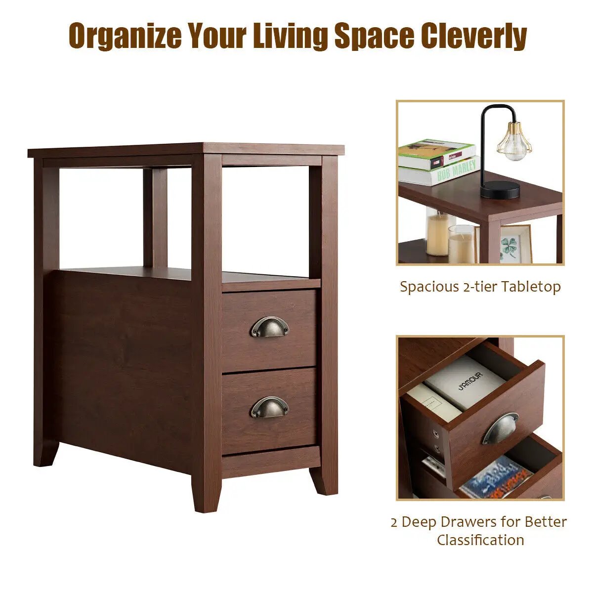 Set of 2 Wooden End Tables with Drawers and Shelf