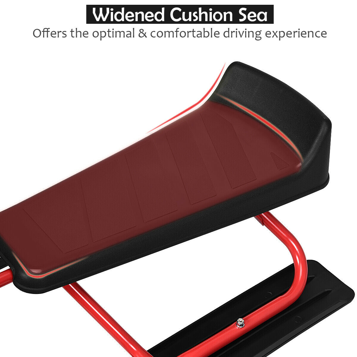 Kids snow sled burgundy cushioned seat with red steel frame and black base for smooth snow rides on Tampa Home & Garden Store