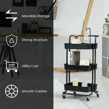 3-Tier Utility Cart Storage Rolling Cart with Casters-Black