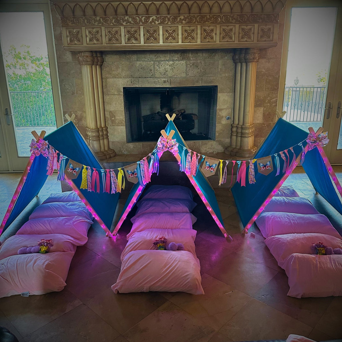 Butterfly Birthday Party Sleepover Kit with pink sleeping bags, blue tents, butterfly bunting on Tampa Home & Garden Store