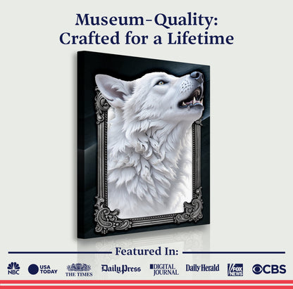 3D Wolf Wall Art III canvas by Tailored Canvases with ornate silver frame and white wolf on Tampa Home & Garden Store