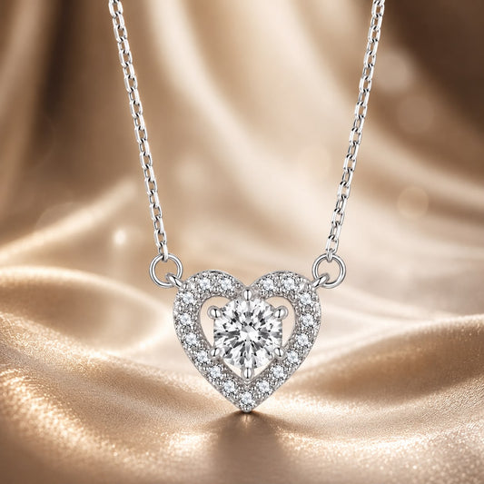 925 Sterling Silver Moissanite Heart Pendant Necklace with 0.5ct center stone and CZ halo on Tampa Home & Garden Store
