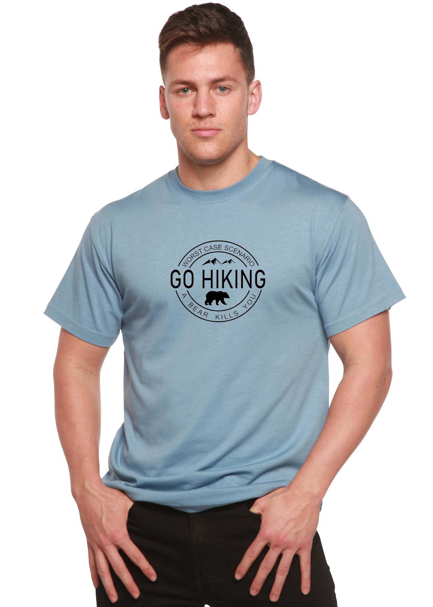 Go Hiking men's sleeve tee in light blue bamboo viscose/organic cotton with bear logo on Tampa Home & Garden Store