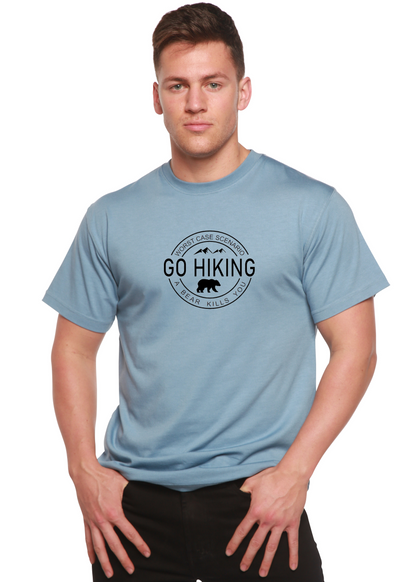 Go Hiking men's sleeve tee in light blue bamboo viscose/organic cotton with bear logo on Tampa Home & Garden Store