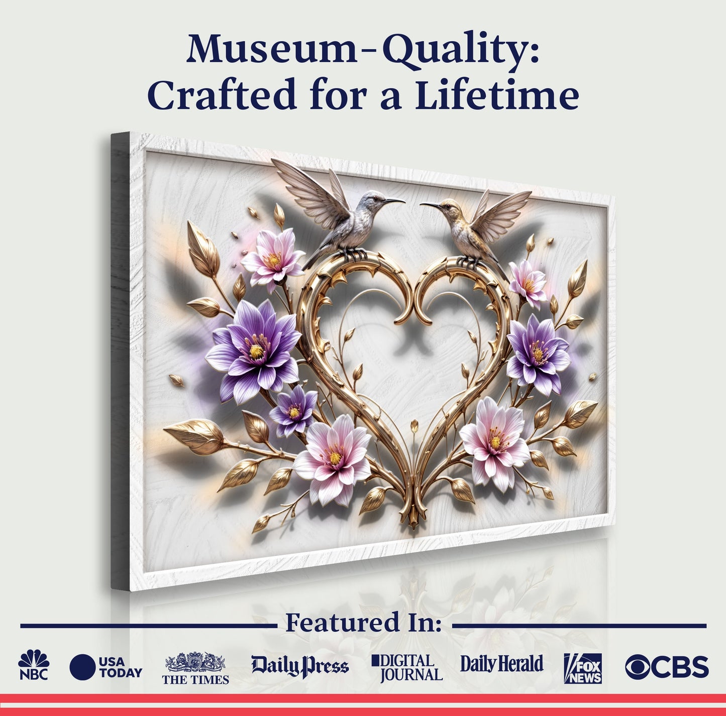 3D hummingbirds wall art V canvas by Tailored Canvases with ornate gold frame and purple flowers on Tampa Home & Garden Store