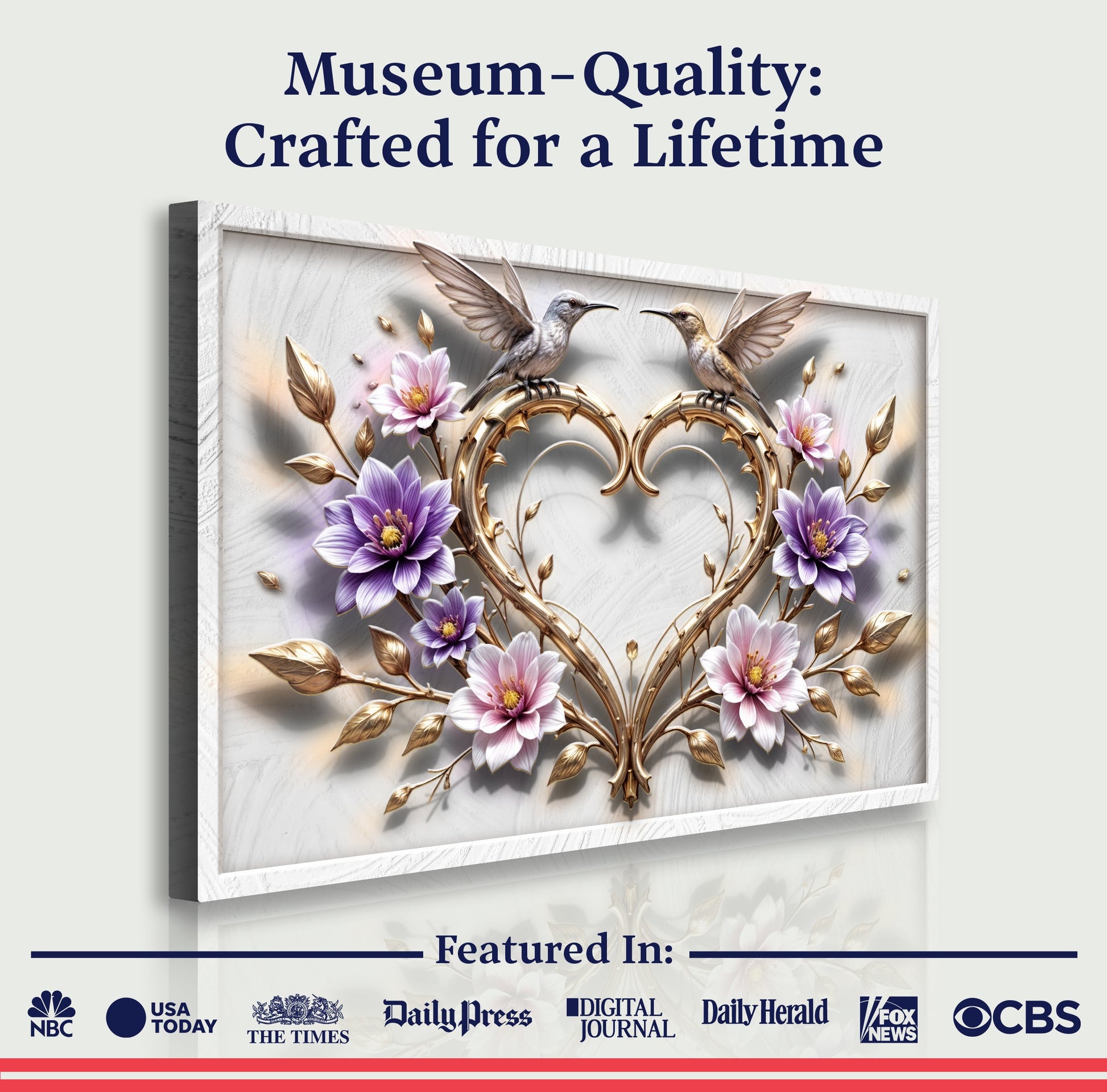 3D hummingbirds wall art V canvas by Tailored Canvases with ornate gold frame and purple flowers on Tampa Home & Garden Store
