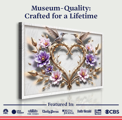 3D hummingbirds wall art V canvas by Tailored Canvases with ornate gold frame and purple flowers on Tampa Home & Garden Store