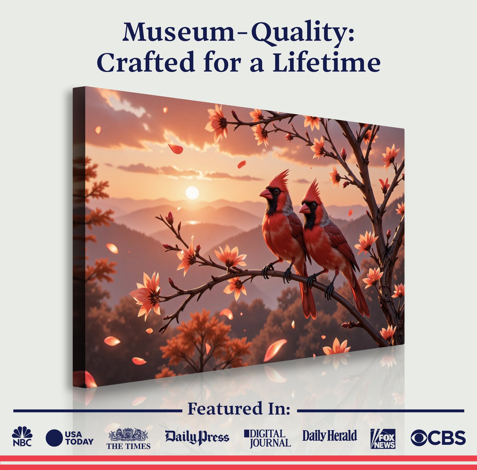 3D Cardinals Wall Art III canvas by Tailored Canvases, sunset scene with red cardinals on branches on Tampa Home & Garden Store