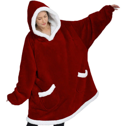 Stevvex red oversized hoodie blanket with white faux fur trim, hood and front pockets on Tampa Home & Garden Store