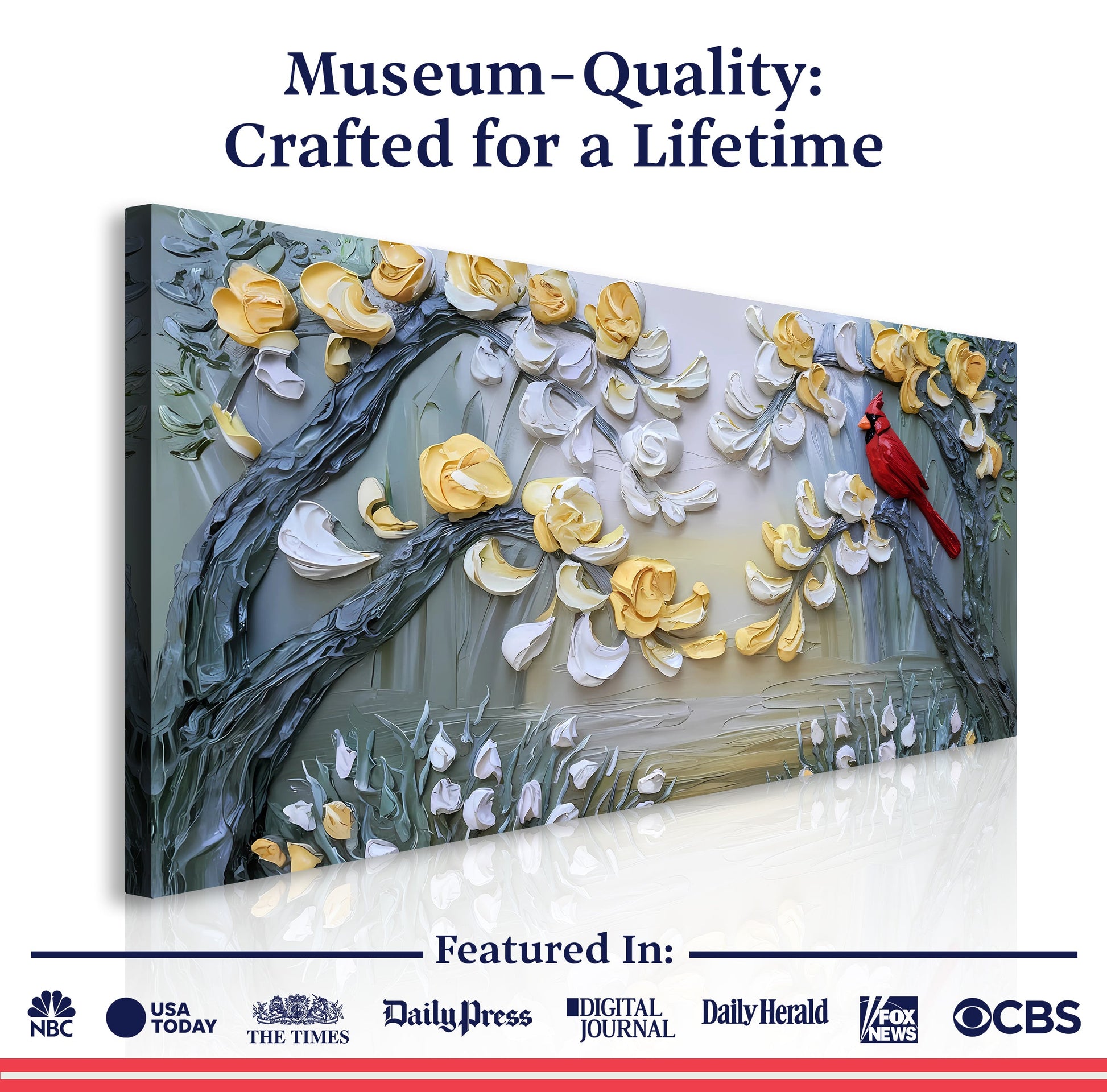 Golden Petals and Scarlet Wings Canvas, textured yellow petals, red bird on blue backdrop on Tampa Home & Garden Store
