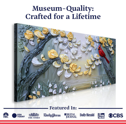 Golden Petals and Scarlet Wings Canvas, textured yellow petals, red bird on blue backdrop on Tampa Home & Garden Store