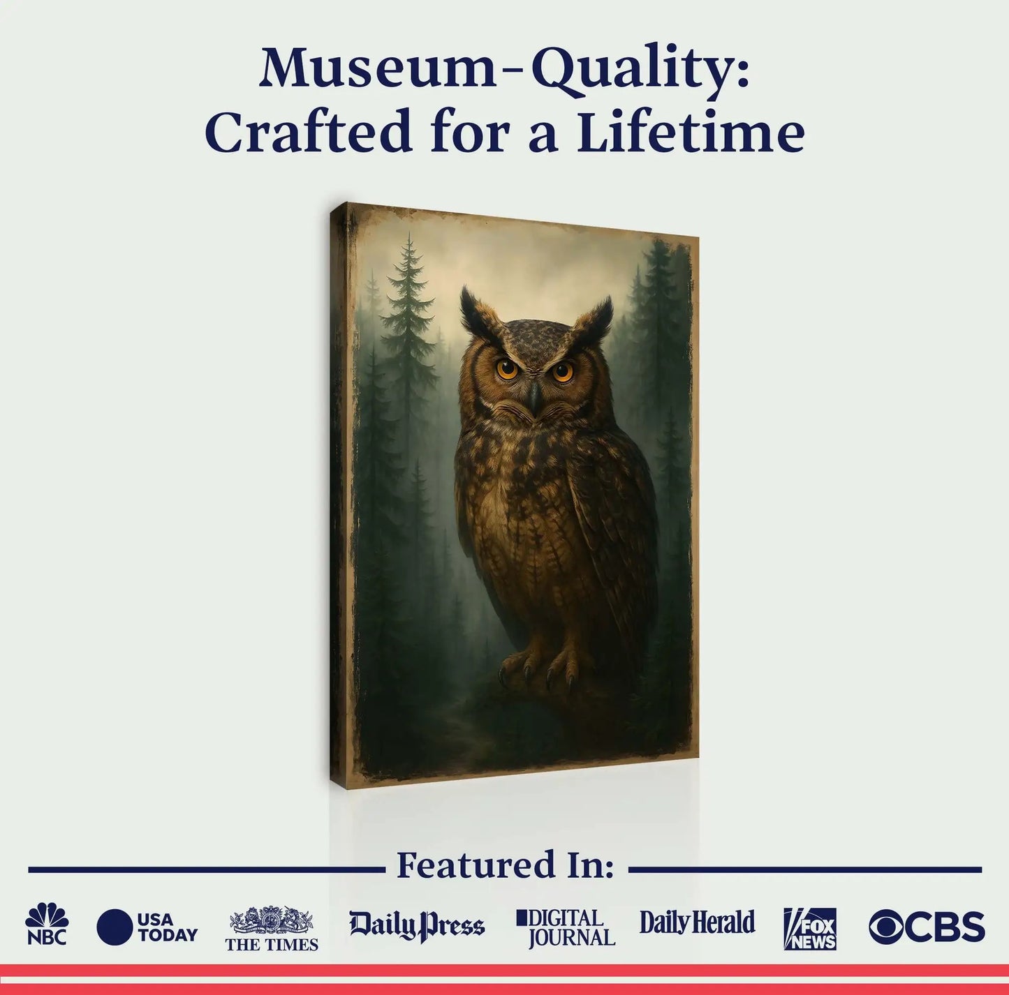 Watcher Of The Woods Owl Canvas Wall Art by Tailored Canvases in a forest backdrop on Tampa Home & Garden Store