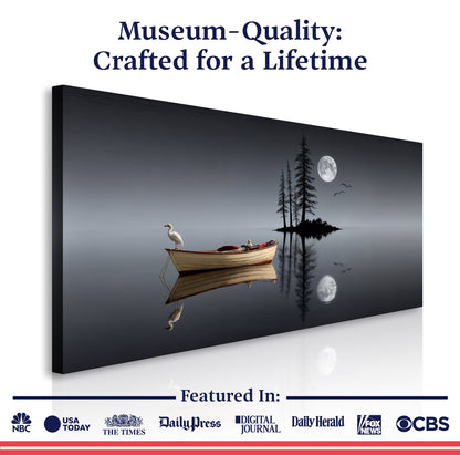 Modern Minimalist Night Lake Canvas with moonlit water and a lone swan on the boat on Tampa Home & Garden Store