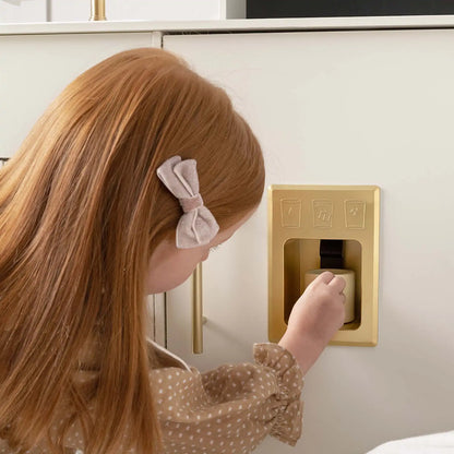 Tiny Land INC play kitchen with running water in cream aqua, child at gold faucet panel on Tampa Home & Garden Store
